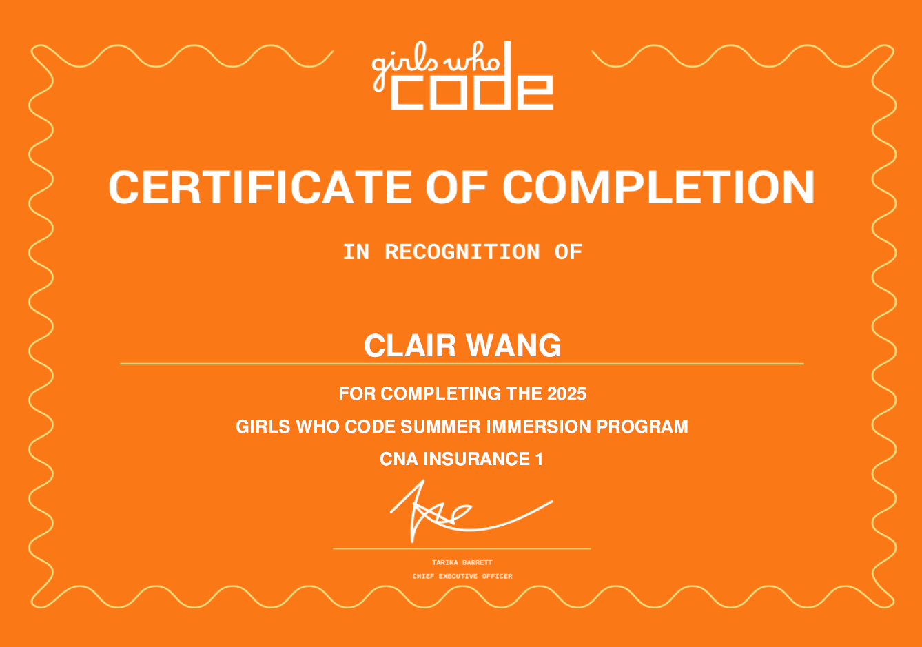 Girls Who Code Certificate