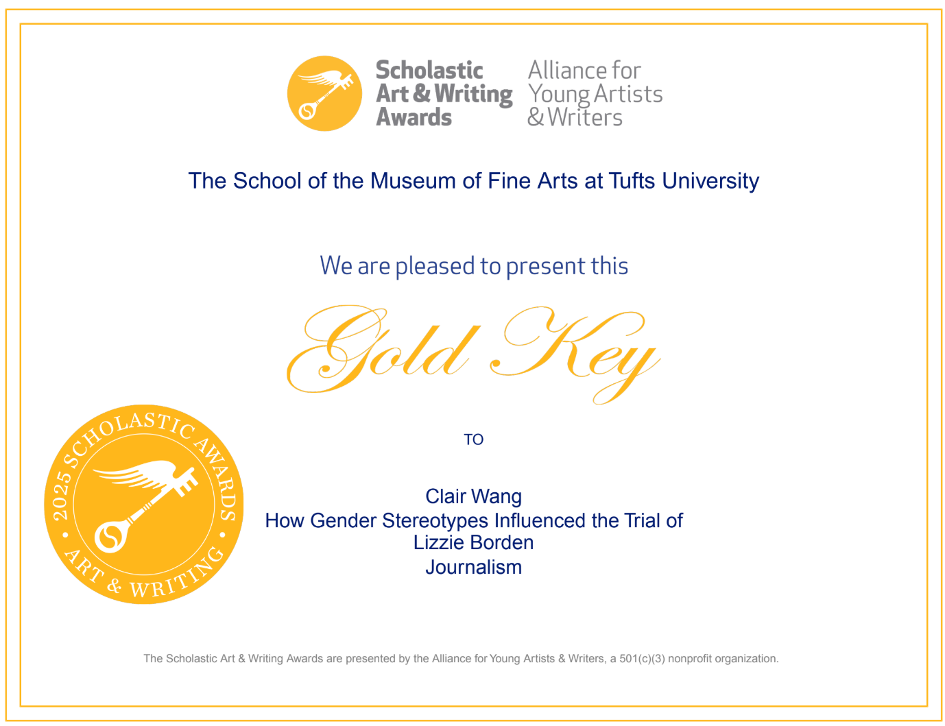 Scholastic Art and Writing Awards Gold Key Certificate